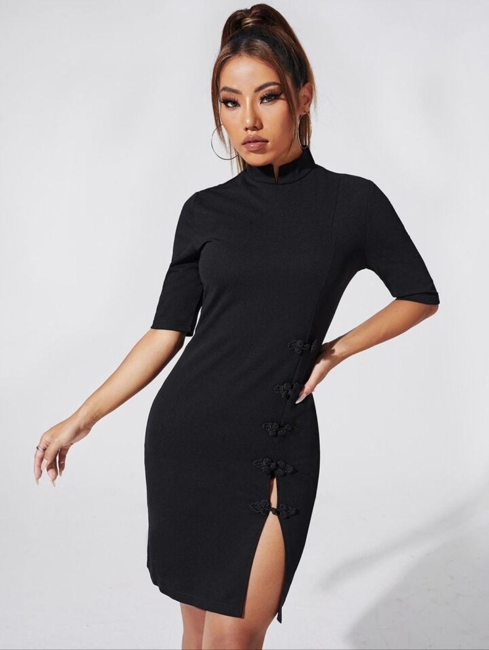 SHEIN Size M Black Mandarin Collar Qipao Style Dress